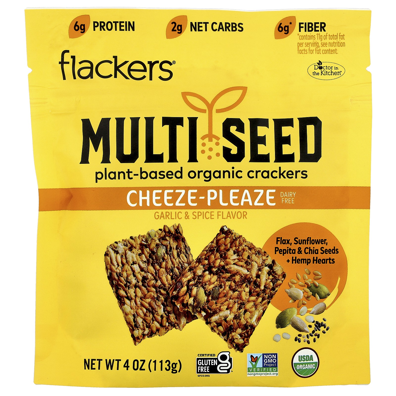 Крекеры с несколькими семенами, Органические крекеры на растительной основе, Сыр-пюре, Чеснок и специи, 4 унции