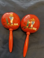 Mexican Maracas Vintage Hand Painted Flower Folk Art Music Percussion Set