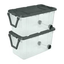 Sterilite 160 Qt Wheeled Industrial Tote Plastic Latch Lid, Gray, Set of 2