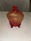 Vintage Jeanette Glass Pedestal Candy Dish w/Lid Red and Yellow