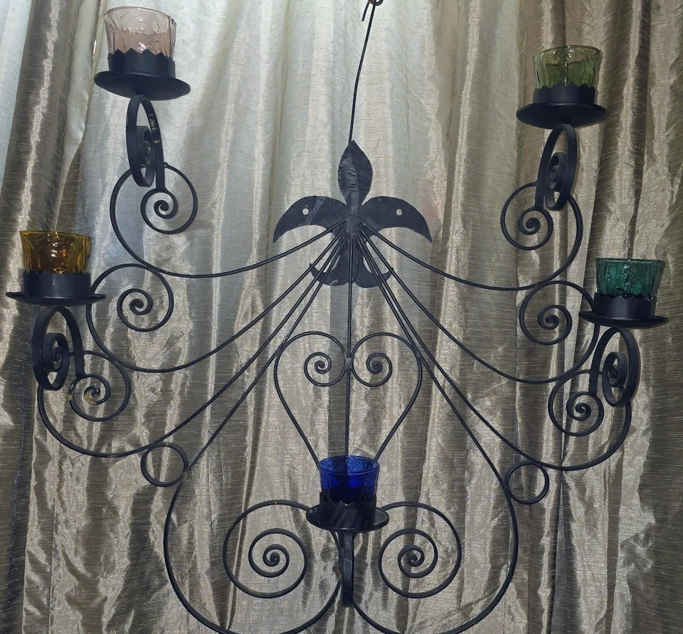 Antique Art Nouveau Black Wrought Iron Heart and Scroll 36x36 Wall Sconce W Glas - Image 3 of 4