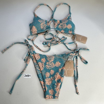 Berlook Bikini Set Green Floral Small Reversible Cutout Top Tie Bottom New