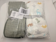 Set 2 Carters Gray Stripe Receiving Baby Blanket Dinosaur T-Rex Triceratops Whit