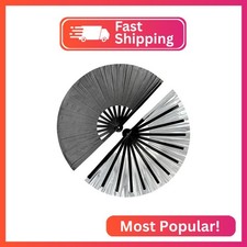 prario 1Pcs Large Folding Hand Rave Fan,Clack Handheld Fan,Holographic Black Han