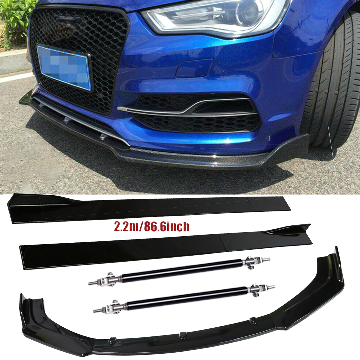 Front Bumper Lip Splitter Spoiler Strut Rods For AUDI S3 RS3 A3 Glossy Black