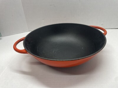 Bergner Cast Iron Enamel Wok Cookware Fire Red Orange Ombre 12 Inches EUC