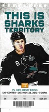 SAN JOSE SHARKS Vs Devils 11/23/2013 TICKET Ryder played in his 700th game
