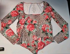 Exotic Roses Print 2x Long-sleeve Bodysuit Cotton Spandex Blend Soft Girl New 50
