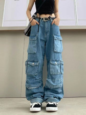 Multi-Pocket Blue Washed Cargo Pants High Street High Waist Jeans Wide Leg Pants