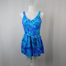 Vintage Maxine of Hollywood Romper Swimsuit 14 Blue Retro Pinup Floral 3027