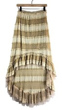 A'Reve Boho Skirt Hi-Lo Sz M Tan Cream Gold Tired Lace Tulle Festival Party