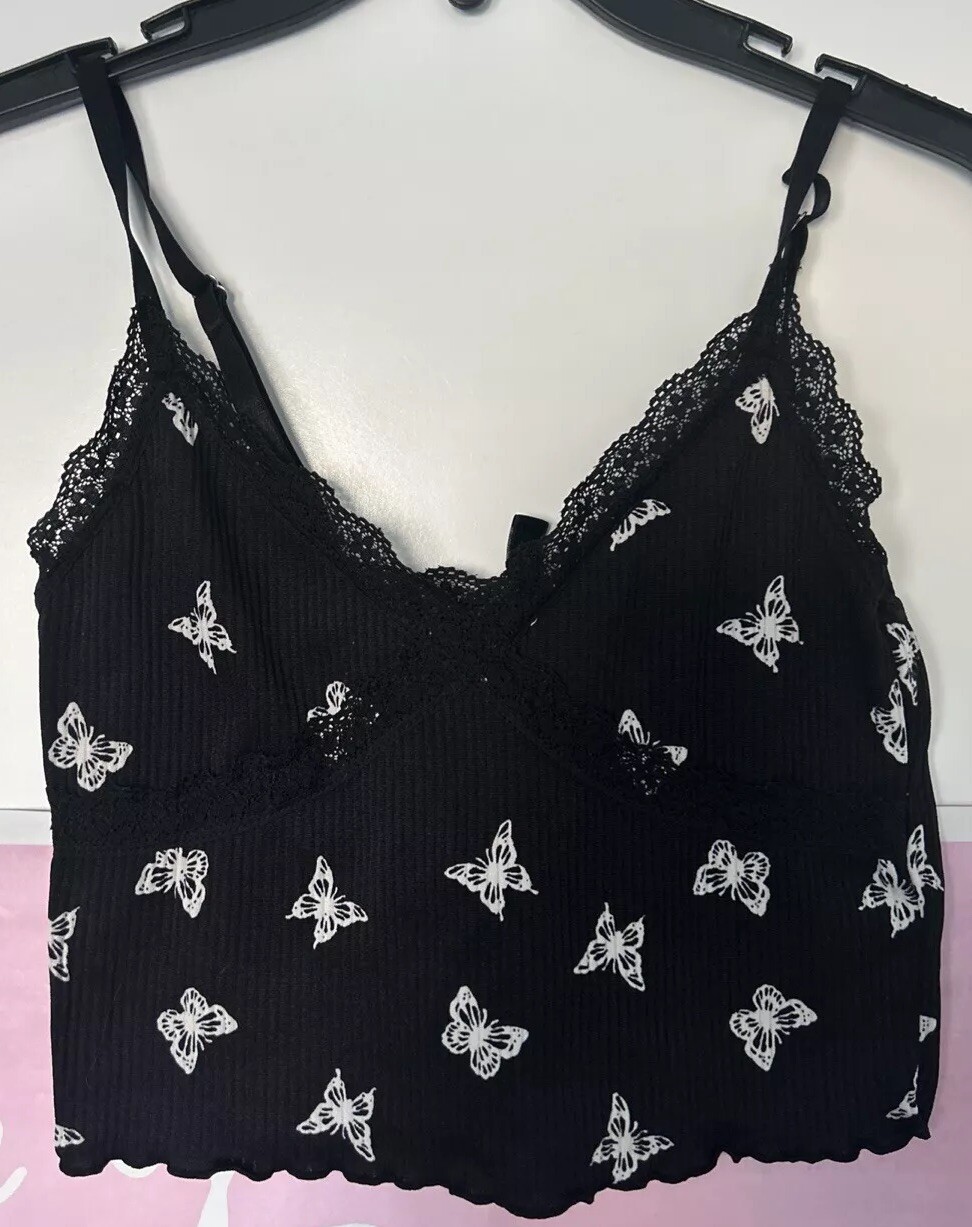 H&M Black Butterfly Crop Top With Lace Strappy Tank Top Women’s Size Small Y2K