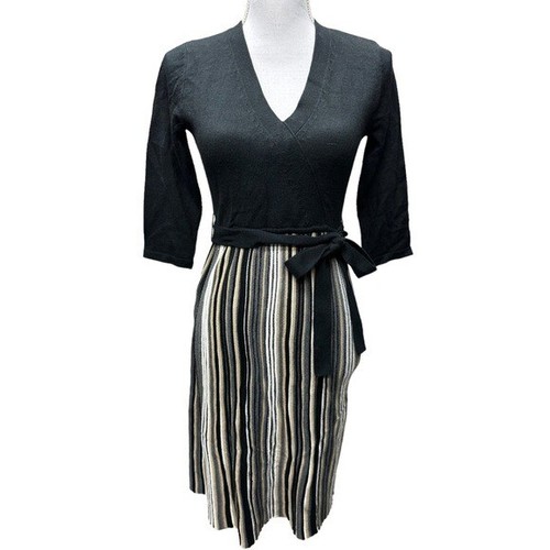 Studio 1 Striped Black Gray Tan Cream Skirt Belted Sweater Dress Size SM NWT - Picture 2 of 9