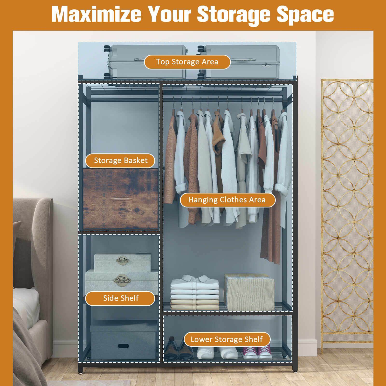 550LBS Iron Garment Rack w/ Hanging Rod Drawer Clothing Shelves Closet Organizer