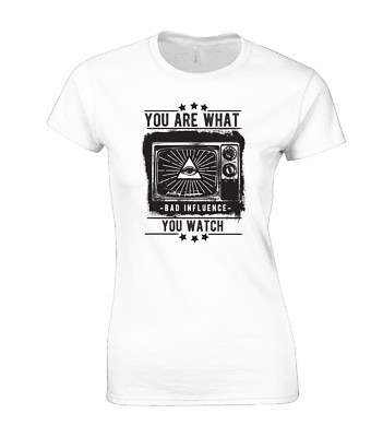 YOU ARE WHAT YOU WATCH LADIES T SHIRT ILLUMINATI MEDIA CONSPIRACY THEORY TOP