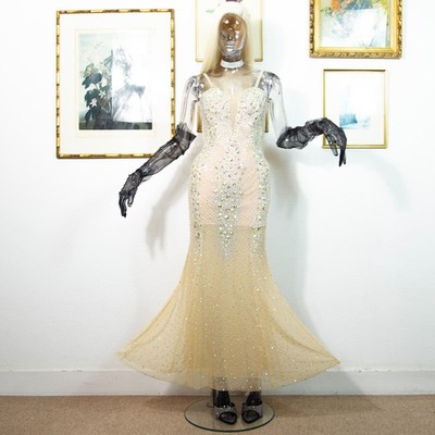Vintage 90s Nude Illusion Crystal Gown | Strass Meerjungfrau Abendkleid UK 6