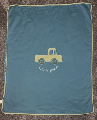 Life is Good Baby Blanket Truck Applique Baby Boy Blue Green Reversible Cotton