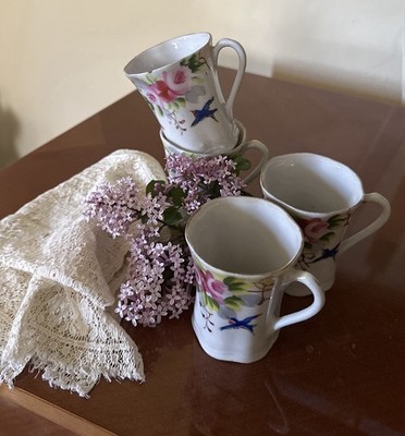 Set 4 Vintage Hand Painted Porcelain Mini Mugs Bluebird  Roses Japan Cottagecore