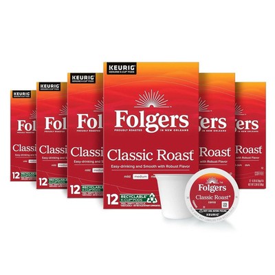 Folgers Classic Roast, Medium Roast Coffee, Keurig K-Cup Pods, 72 Count