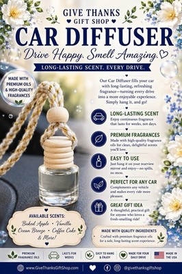 Give Thanks Gift Shop Hanging Glass Bottle Car Diffuser Long-Lasting, Scents