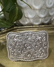 Vintage Western Cowboy Cowgirl Flower Floral Scroll Silver Tone Belt Buckle Boho
