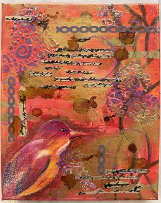 Original Signed Mixed Media Acrylic Bird Painting 8x10  Red and Purple  2015