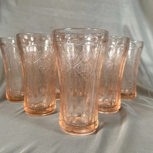 7 Recollection Pink By Indiana  Depression Glasses Tumblers Scroll Floral Design