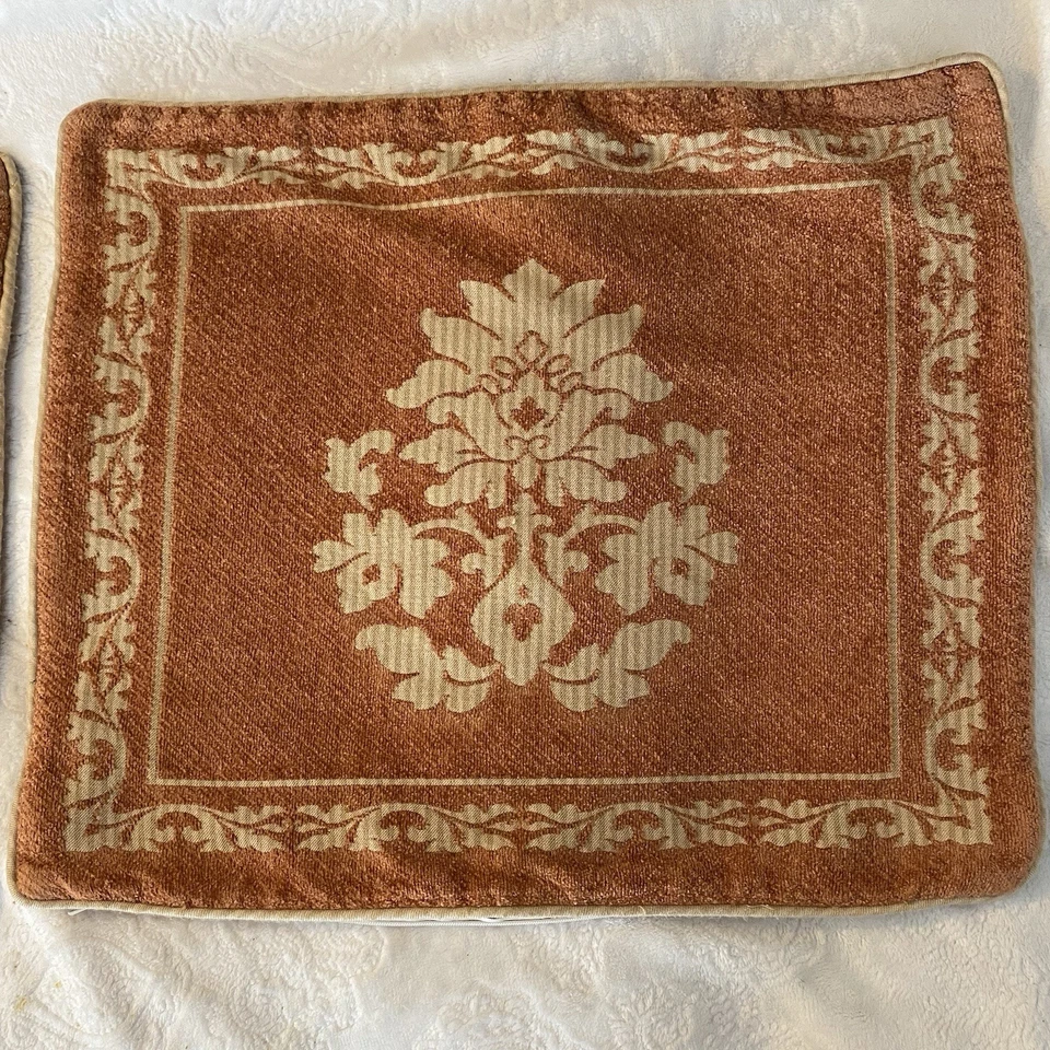 Pair 2 Restoration Hardware Pillow Covers Zip Rust Tan Chenille Designs 16x20 In - Image 3 of 4