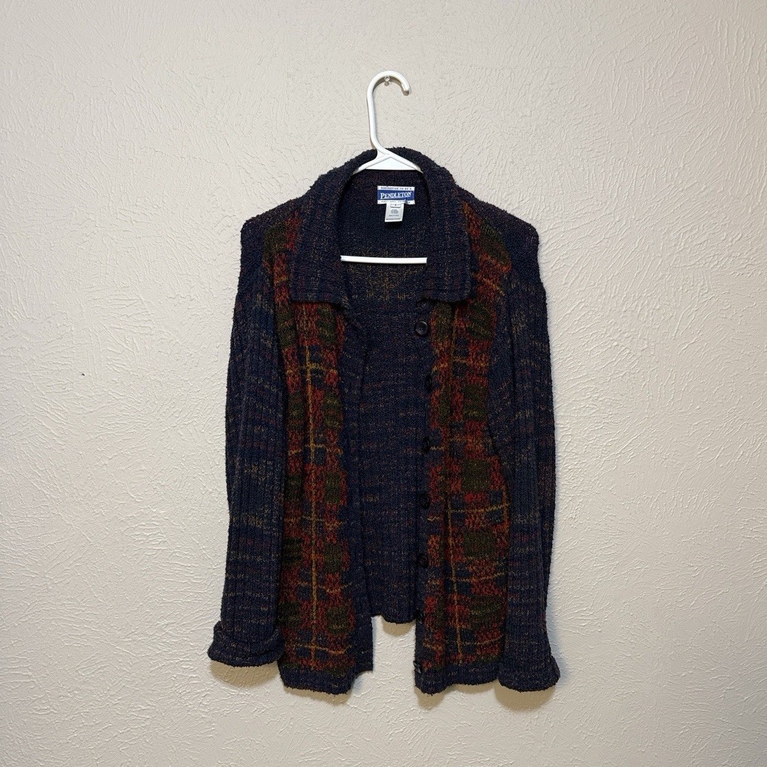 Pendleton Navy Multicolor Plaid Knit Cardigan Swe… - image 1