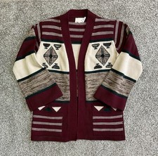 Vintage Southwest Aztec Cardigan Medium Sweater Burgundy 70s 80s Tribal Boho