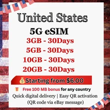United States Travel eSIM| 3GB--20GB| 30Days|5G|Quick Delivery| QR code