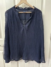 GAP Navy Blue Textured Blouse Pleated Sheer Baloon Sleeves ruffle collar sz L