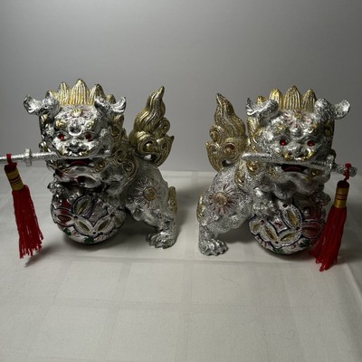 vintage chinese foo dogs gold and silver ceramic 4 1/2 inches tall