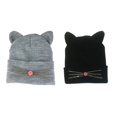 Cute Beanies Hat with Diamond for Cat Whiskers Knitted Hat Warm Ear for Protecti