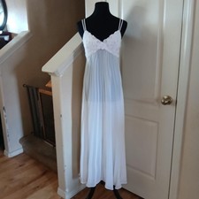 Vintage White Maxi Slip Dress Lacey Top Sheer Pleated Accordion Skirt S Coquette