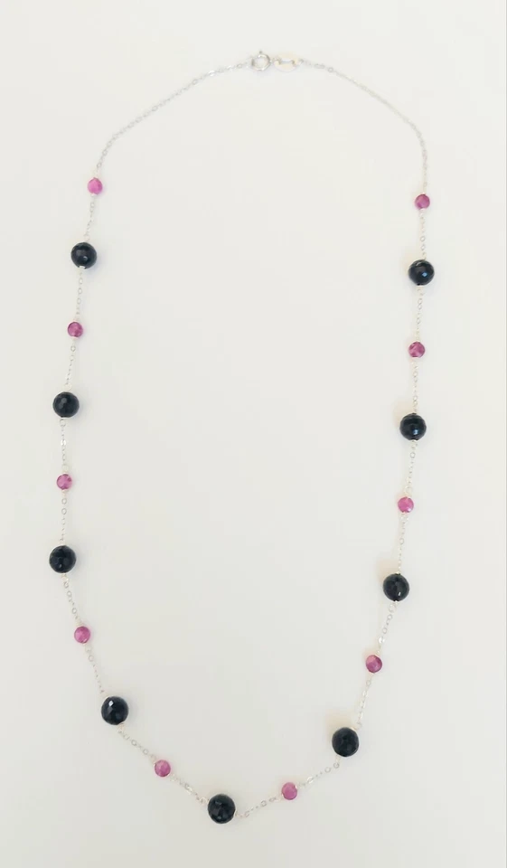 collana in argento 925 con rubini rosso naturale da 3 mm e onice sfaccet da 6 mm - Immagine 2 di 4