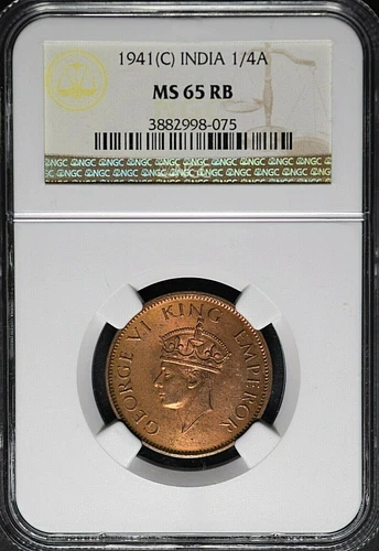 India British 1940(C) 1/4 Anna NGC MS66RB (TOP-POP)