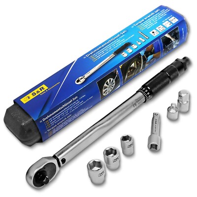 S&R Drehmomentschlüssel 3/8'', 19-110 Nm, Verlängerung, 2 Adaptern, 3 Stecknüsse 