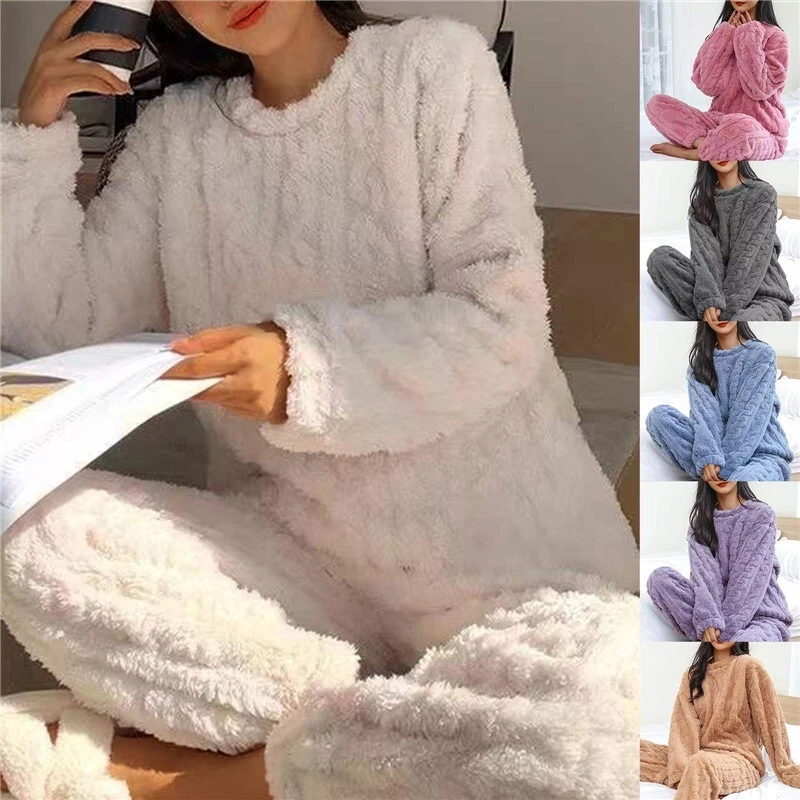 Ladies Fleece Pyjama Set Soft Warm Crew Neck Top Pants Loungewear