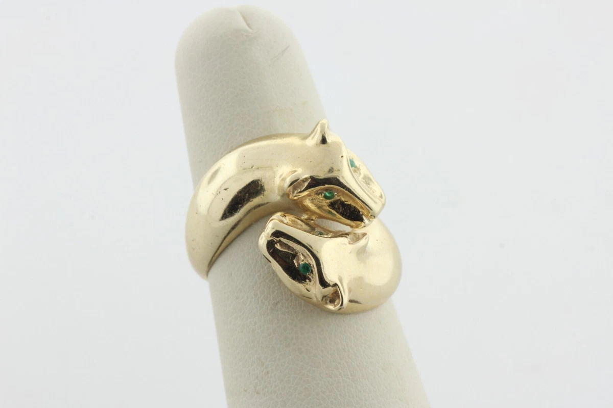 14K Yellow Gold Round Emerald Eyes Wrap Style Panther Ring Size