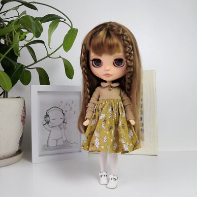 Blythe doll dress Mustard-colored handmade Clothes 1/6 doll Outfit Blythe doll