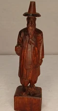 Hand carved Asian Farmer Figurine Statue Stained Wood Craft Wise Man Elder