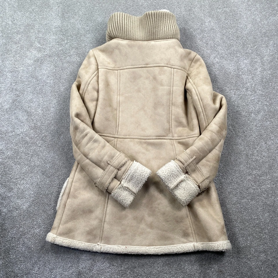 Abrigo Steve Madden para mujer Gazelle imitación piel de oveja cremallera completa con capucha talla S beige Foto 2 de 4