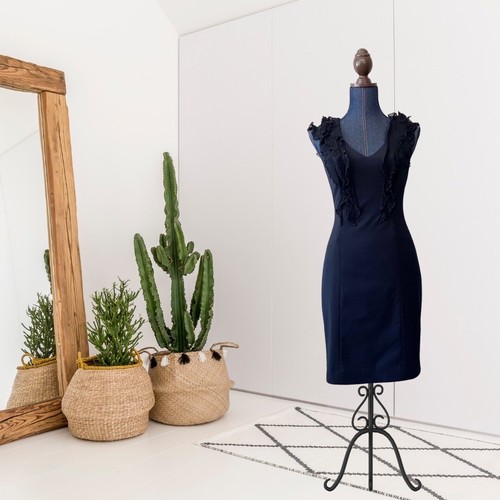 Abito tubino Rebecca Taylor donna 4 Yacht Club senza maniche in seta con volant blu navy