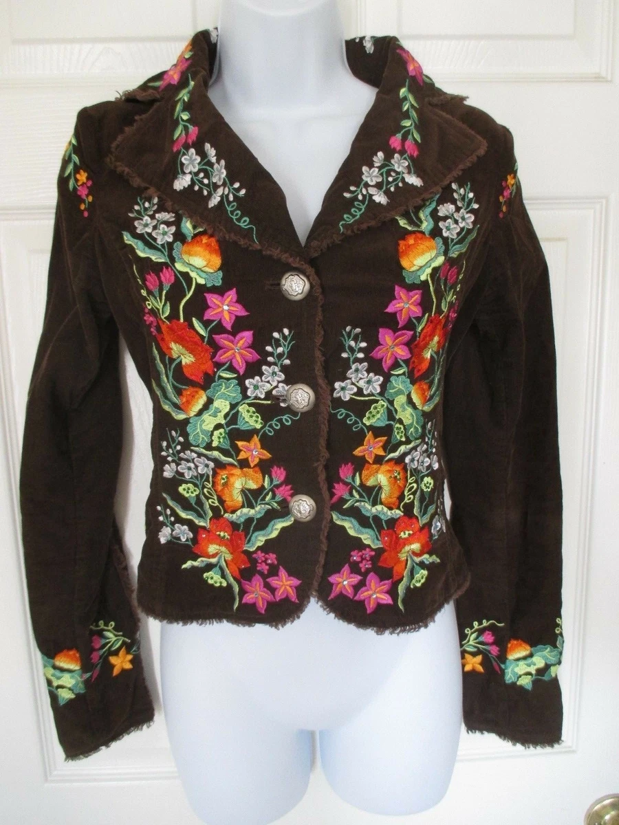 Veste En Coton Brodée Miss Me - Fleurs Noires Sur Fond Noir, Taille M, Occasion Très Bon état