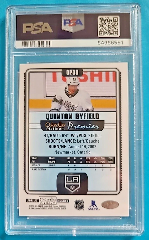 2021-22 Quinton Byfield OPC O-PEE-CHEE Platinum Premier Rookie RC #OP38 PSA 10 - Image 2 of 2