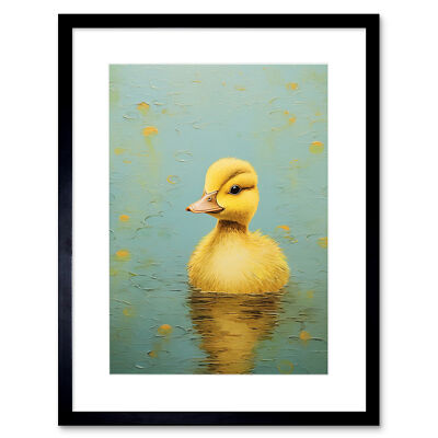 Entlein auf dem Wasser Gemälde gelb und Entenei blau gerahmtes Kunstbild 9 x 7 Zoll
