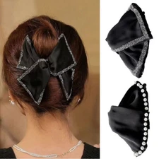 Women Rhinestones Satin Bow Hair Claw Pearl Edge Big Bowknot Hair Clip Ornament