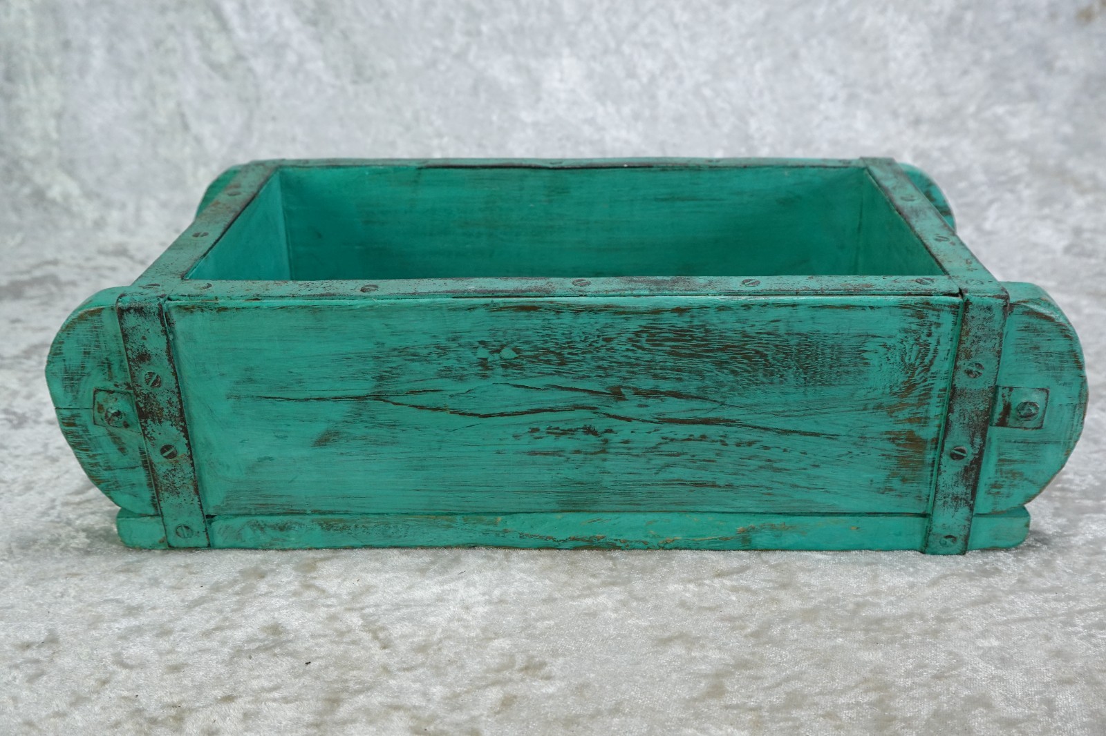 Primitive Carved Wood Brick Mold 'M D' Imprint Turquoise Rustic Painted Finish