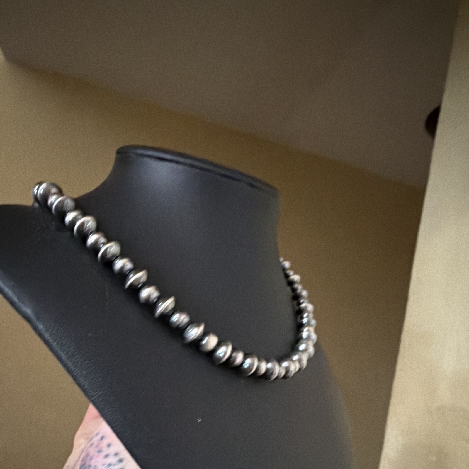 Solid 925 Navajo silver choker with 8mm saucer beads and 6mm. 15-18 inches - second product detail image